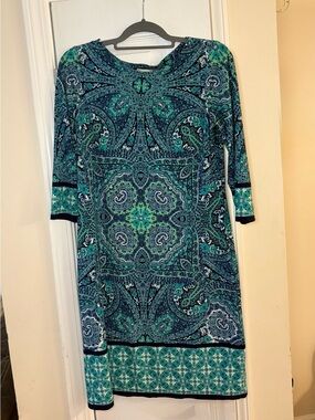 Signature Camryn Teal Paisley 3/4 Sleeve Shift Dress Size 8
